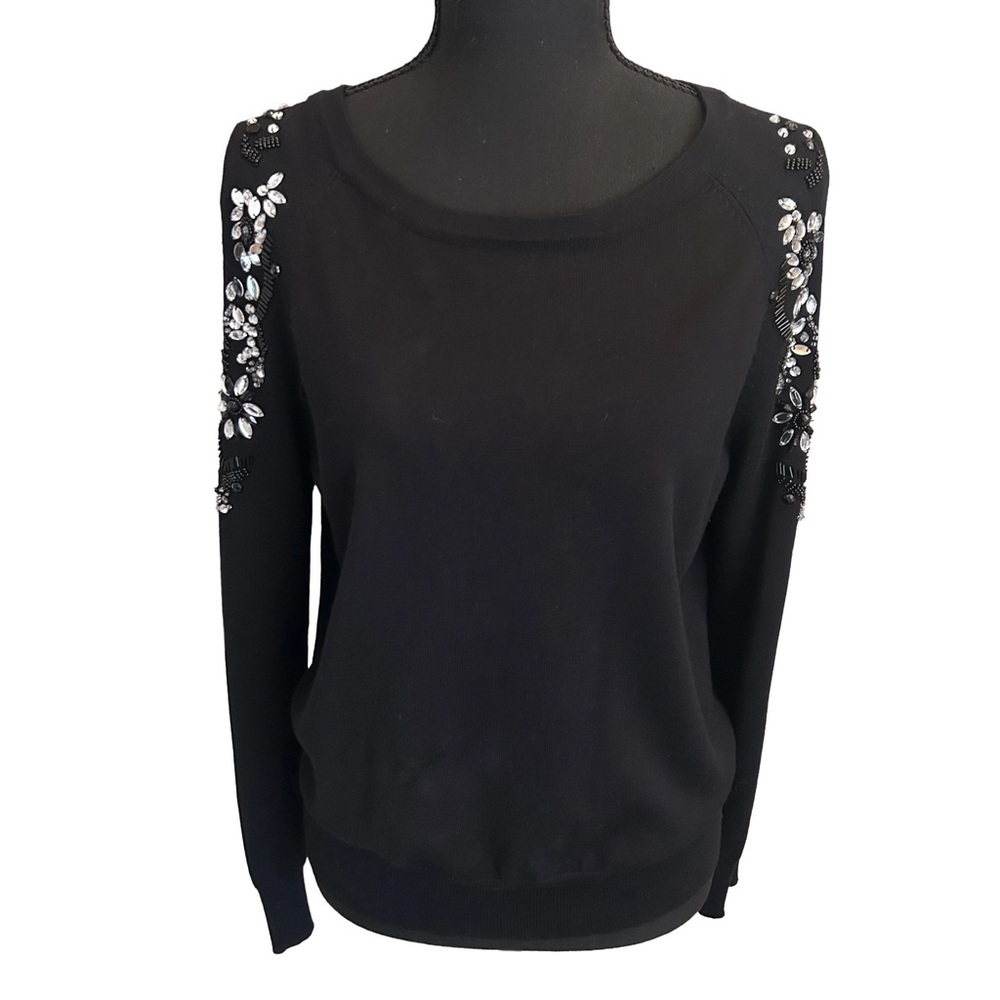💎New York & Company Black Knit Cold Shoulder Top With Beautiful Embellishments M